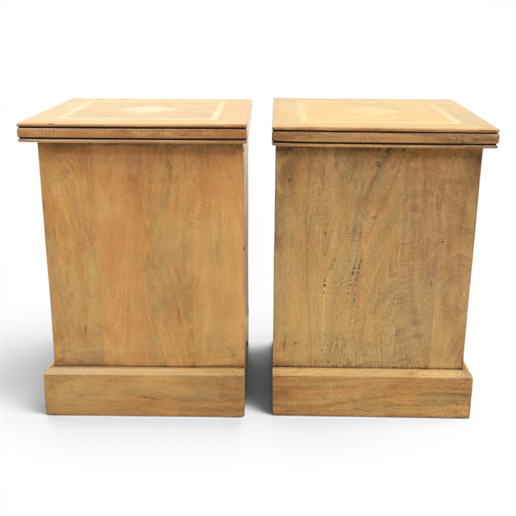 Barker & Stonehouse - contemporary flagstone and mango wood bedside cabinets, square top with inlaid flagstone, above three drawers with metal ring pull handles, raised on a plinth base with bracket feet