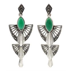 Pair of silver marquise shaped green agate and marcasite openwork pendant earrings, stamped 925 