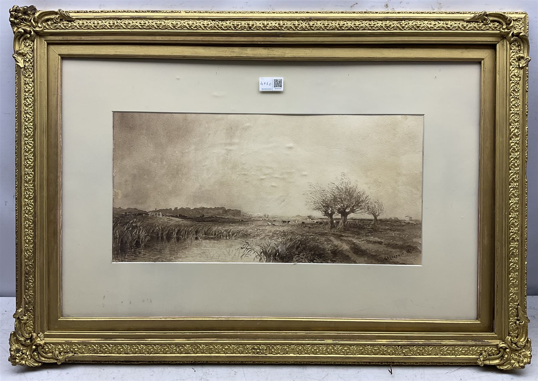 George F. Glennie (British fl.1861-1882): 'Coast Nr. Rye' & 'Pett Level Sussex',  pair monochrome watercolours signed and dated 1875, original title labels verso 24cm x 49cm (2)