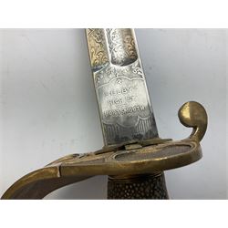 Early Victorian Royal Naval Officer's sword, with 76cm slightly curving fullered blade marked Selby High Street Portsmouth to the ricasso, etched with crowned fouled anchor, Royal Arms with supporters and motto, in scrolled fenestrated panels, regulation brass half basket hilt, with turn down langet engraved with the initials EGTG, and incorporating crowned fouled anchor, lion's head pommel with mane backstrap, wire-bound white sharkskin grip; in brass mounted leather scabbard also with maker's mark L91cm overall