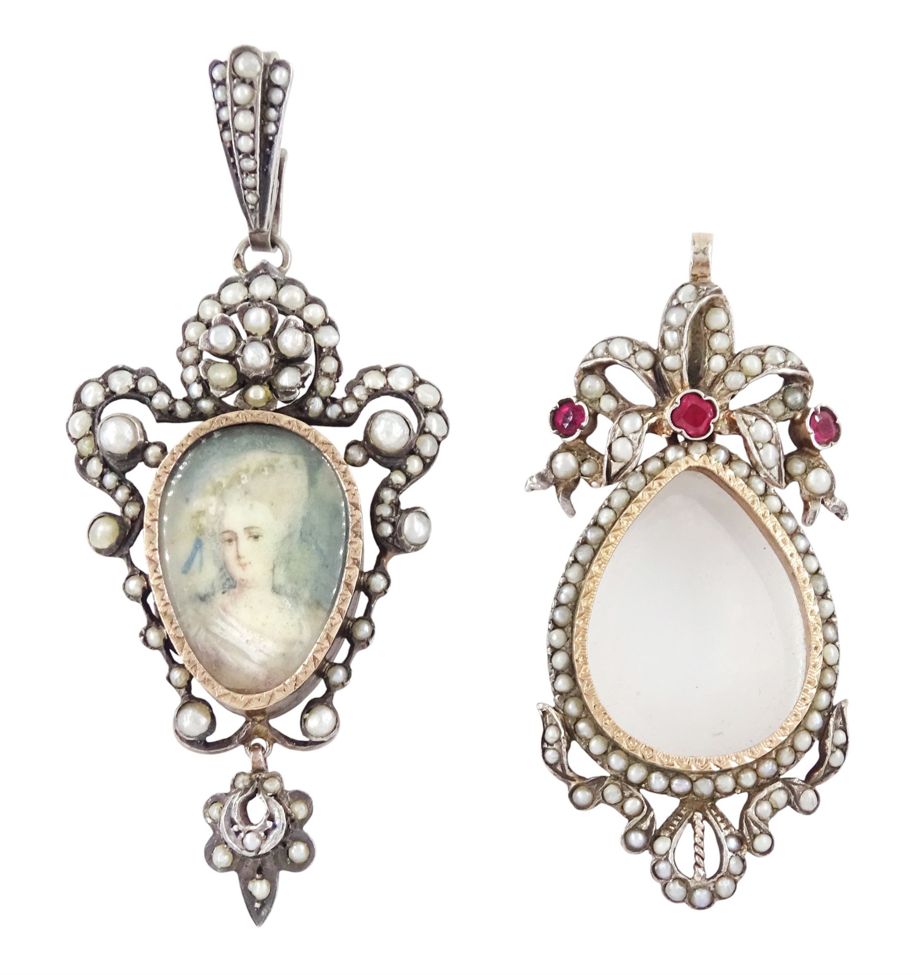 Two 19th century French silver pearl locket pendants, the first set with a pear shaped portrait miniature of a woman in 18th century dress on ivory, within a milled bezel and openwork split and seed pearl surround, the other of similar design with ribbon surmount and set with garnets and seed pearls, both hallmarked. This lot has been registered for sale under Section 10 of the APHA Ivory Act