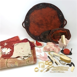 Mappin & Webb Aesthetic Movement  serving spoon with ceramic handle, various pieces of 19th century and later ivory including serviette rings, dressing table brushes, 19th century bone bodkin case, three 20th century Japanese Lacquer trays, Chinese silk embroidered cushion case, silk rug and other similar items 