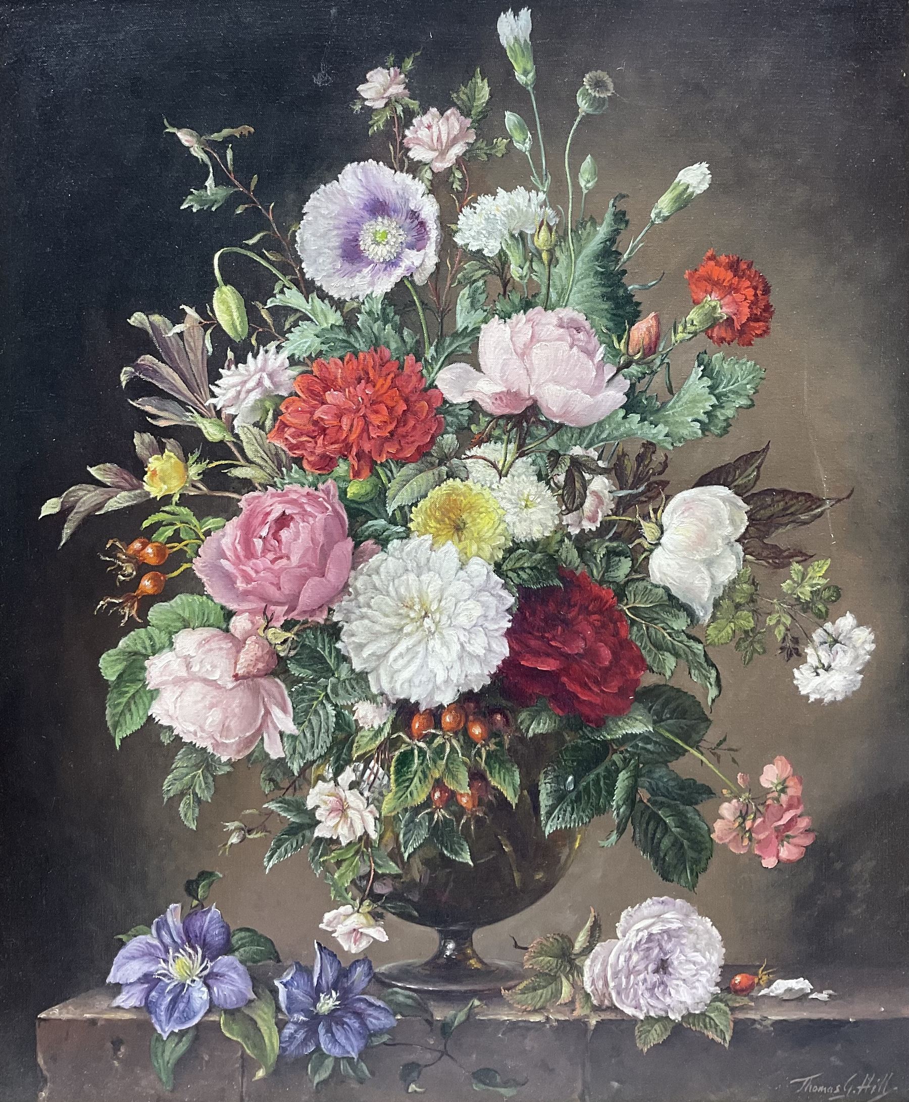 Thomas G Hill (British 20th Century): Still Life of Flowers in a Vase, oil on canvas signed 59cm x 49cm 