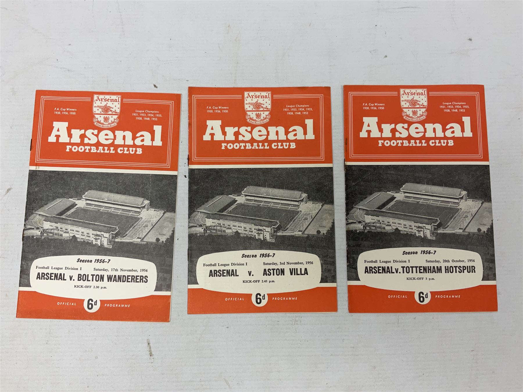 Arsenal F.C. - forty-nine home programmes for 1956/57 (21), 1957/58 (13) & 1958/59 (15) including Division One, F.A. Cup (including replays) and Friendly Matches (49). Auctioneers Note: The February 1st match against Manchester United (result Arsenal 4 Manchester United 5) was the final domestic league match played by the Manchester United first team before the Munich Air Crash - thus it was the last game played in the U.K. by the 'Busby Babes', before the tragic death of several of these players.