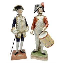 Two Napoleonic Dresden figures, comprising Admiral 1757 example donning blue coat and sword to his side with gilding throughout, together with a drummer, tallest H27cm