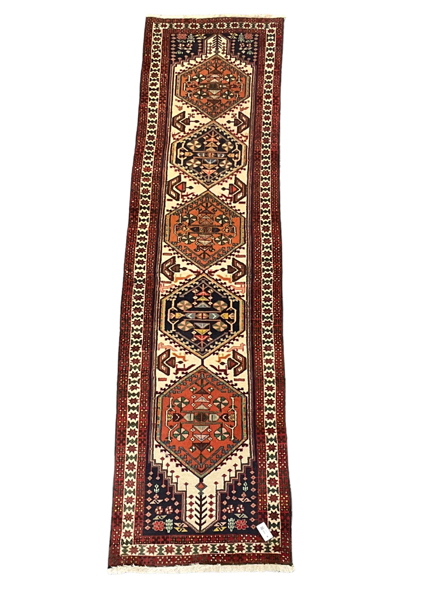 Persian Ardebil runner rug, beige and red ground, diamond centre pattern