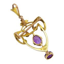 Edwardian gold amethyst and seed pearl pendant/brooch, stamped 9c
