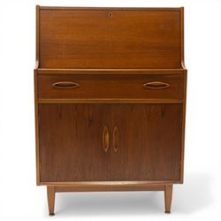 Jentique - mid-20th century teak bureau, fall-front enclosing fitted interior, over single drawer and cupboard fitted with inset handles, on cylindrical tapering feet