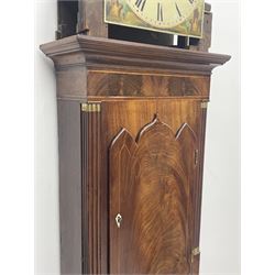 19th century mahogany longcase clock, the hood with triple finial and scroll top over glazed stepped arch door and fluted columns, moonphase enamel dial with Roman chapter ring, the spandrels decorated with countryside scenes, signed 'W. Helliwell, Leeds', eight day movement striking on bell, triple arched trunk door enclosed by cluster column pilasters, figured canted base, on bracket feet