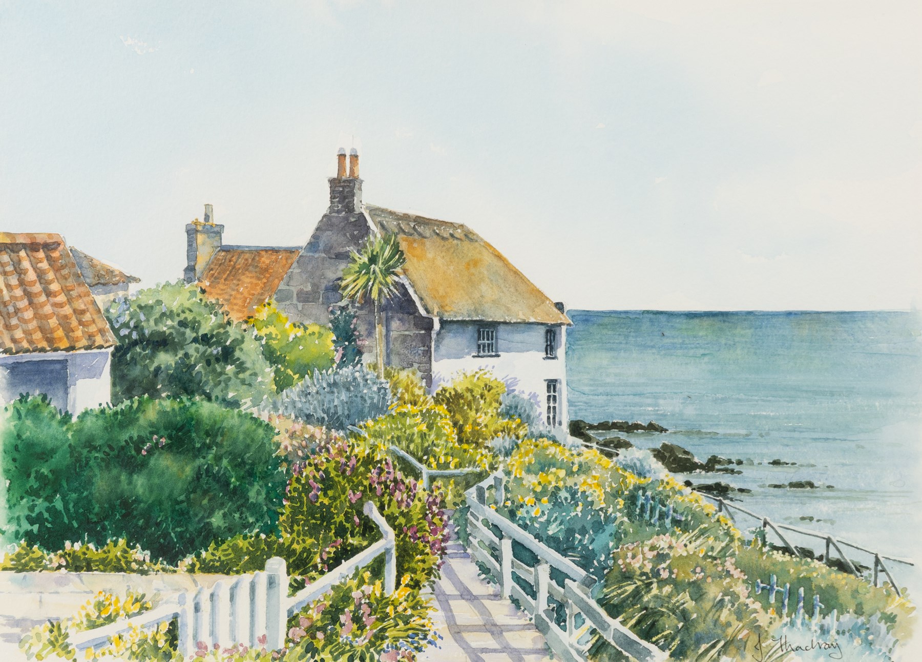 Janet Thackray (British 20th century): Lady Palmer's Cottage - Runswick Bay, watercolour signed 24cm x 34cm; M Taylor (British 20th century): 'Thistle - The Fleece Shorn', watercolour signed and dated '83, titled on label verso 25cm x 34cm (2)