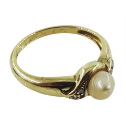 9ct gold pearl crossover ring with diamond set shoulders, hallmarked 