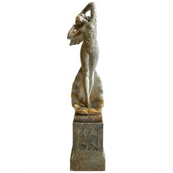 Cast stone two-piece garden figure of the Birth of Venus, depicting the goddess emerging from a stylised shell, on square base with stepped moulded plinth 