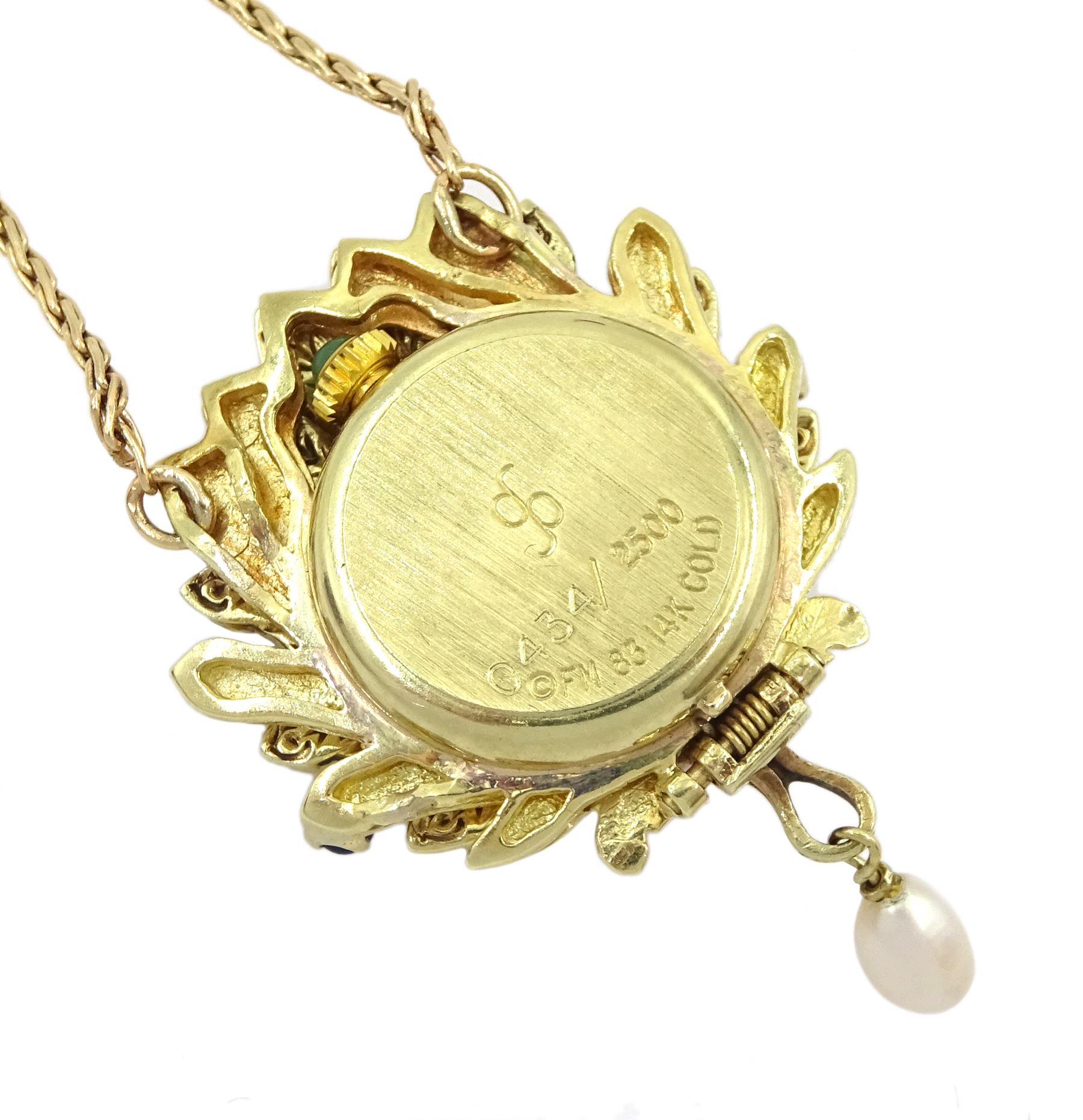  Igor Carl Faberge for Franklin Mint 14ct gold peacock watch pendant necklace, the peacock wings diamond, enamel and sapphire set, with a single suspended pearl, the back with hidden quartz watch, boxed