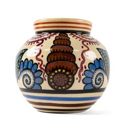 Paul Fouillen for Quimper pottery, decorated with stylised flowers, in blue and purple tones in cream tones, H14cm