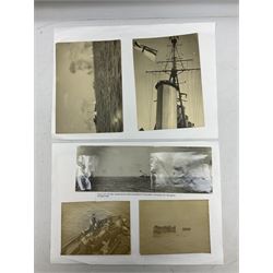 WW2 Royal Naval group of eight medals comprising OBE, hallmarked silver Distinguished Service Cross inscribed verso Lieut. J.R. McCluskie RNVR 1945, 1939-1945 Star, Atlantic Star, Africa Star, 1939-1945 War Medal, Defence Medal and Royal Naval Patrol Service Medal inscribed Lieutenant J.R. McCluskie Royal Naval Patrol Service; with seven original photographs of a sea battle 27th November 1940 against the Italian Fleet and another photographic postcard of Sir Stafford Cripps arriving on board one of the vessels.