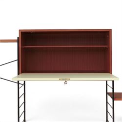 WHB - 'Ladderax' 1960s German modular shelving wall unit, comprising two teak cabinets with white doors, a further fall front teak cabinet with white front, a drawer section with three drawers with recessed handles, multiple shelving sections, raised on metal ladder frames, with further spare sections

Cabinet units: H 47cm, D 36cm, W 71cm
Fall front unit: H 40cm, D 26cm, W 71cm
Shelve widths: 50cm, 71cm 
Shelve depths: 26cm, 36cm