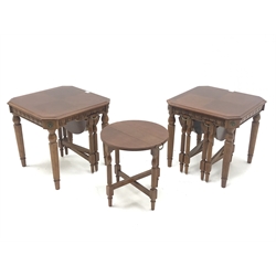  Two walnut nest of tables, each table with two smaller nesting tables with foldout bases, on turned and reeded supports, 56cm x 56cm, H52cm  