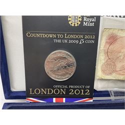Mostly commemorative coins, including crowns, Queen Elizabeth II 2009 countdown to London 2012 five pound coin on card, 'The 2012 Diamond Jubilee' coin set in card folder, Cook Islands 2013 one dollar commemorating 'Coronation sixty years 1953 2013' etc