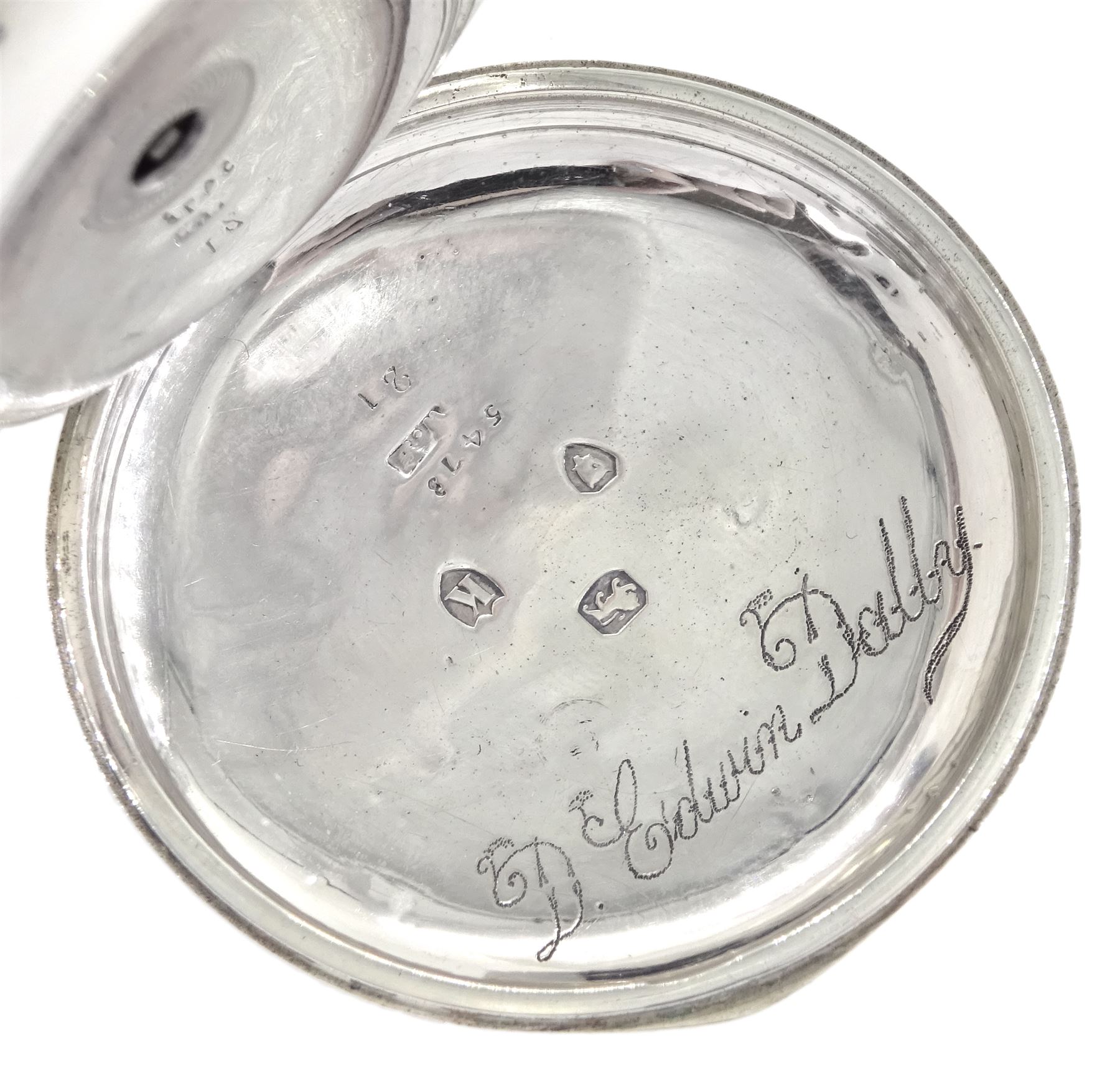 Victorian silver full hunter pocket watch by Grantham, London, No. 55473, white enamel dial with Roman numerals,  case by William Hammon, London 1885, on silver Albertina chain, stamped sterling