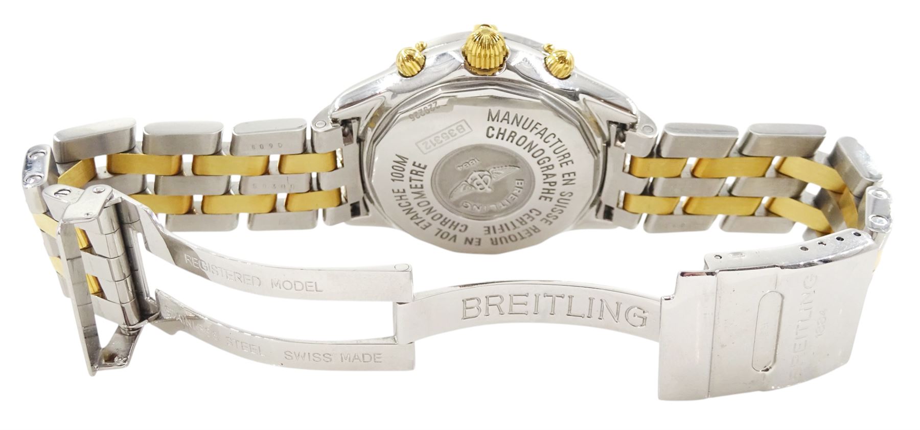 Breitling Shadow Flyback gentleman's stainless steel and gold-plated automatic chronometer wristwatch, Ref. B35312, serial No. 229225, silvered dial with three subsidiary dial and date aperture, on original stainless steel bracelet, with fold-over clasp, boxed with papers