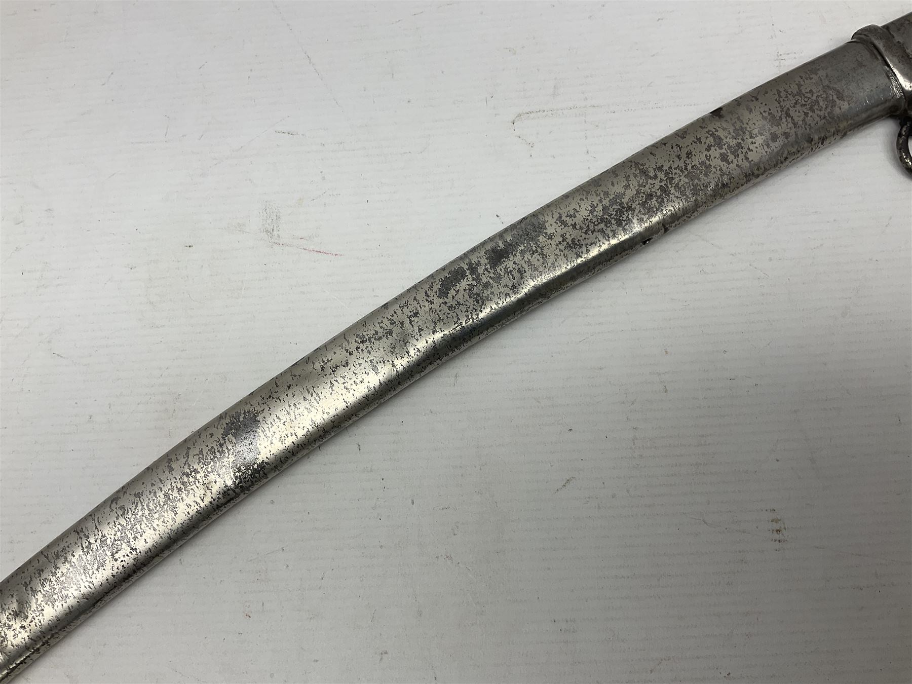 19th century Russian Imperial Navy sword, with 77.5cm curving fullered blade, brass three-bar hilt with lozenge shaped langets and wire-bound leather grip; in polished steel scabbard with one suspension ring L97cm overall