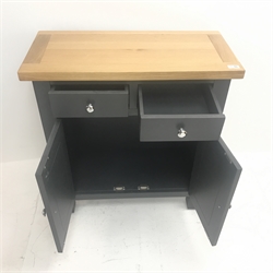 Oak and painted finish side cabinet, two drawers above two cupboards, stile supports, W75cm, H81cm, D35cm