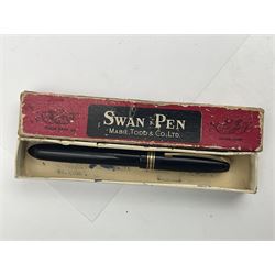 Three Swan Mabie Todd fountain pens, comprising Self Filler 3162 with black barrel and cap with single band and gold nib stamped Eternal 1 14ct, together with two Calligraph examples with gold nibs stamped 14ct, one with box, largest L12.5cm
