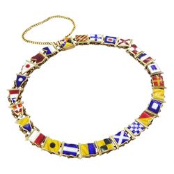 Early 20th century rose gold enamel flag bracelet, with engraved alphabet to underside of bracelet, stamped 9ct