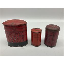 Collection of tin plate money boxes in the form of Royal Mail post boxes, to include four Chad Valley examples, one with key and others similar,  marked VR, GR and ER (10)