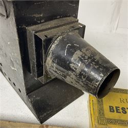 Tinplate magic lantern with three boxes and some loose slides, including Primus magic lantern slides