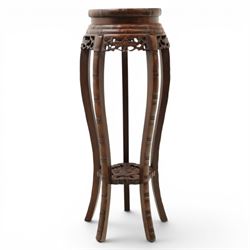 Chinese hardwood jardiniere stand, with inset black veined white marble, pierced carved ap...
