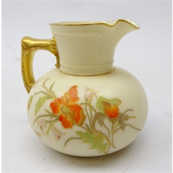  Late Victorian Royal Worcester ivory ground vase painted and gilded with flowers, moulded handle no. 1376, H9cm  