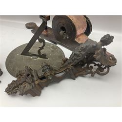 Two 19th century copper tankards, one with weighted wooden base, together with copper and wooden mechanical bellows, sundial and other metalware 