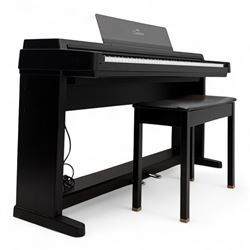 Yamaha Clavinova CLP-550 digital piano, full-size weighted keyboard with integrated pedals and speakers, in dark wood effect casing, accompanied by matching padded bench, Sennheiser headphones, original manuals, and factory-issued cassette tape titled 'Pure & Simple – CLP Digital Pianos'