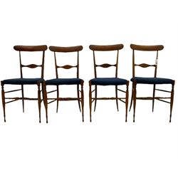 Campanino Chiavari by Fratelli Levaggi - circa. 1950s set eight walnut dining chairs, seats upholstered in blue fabric, 