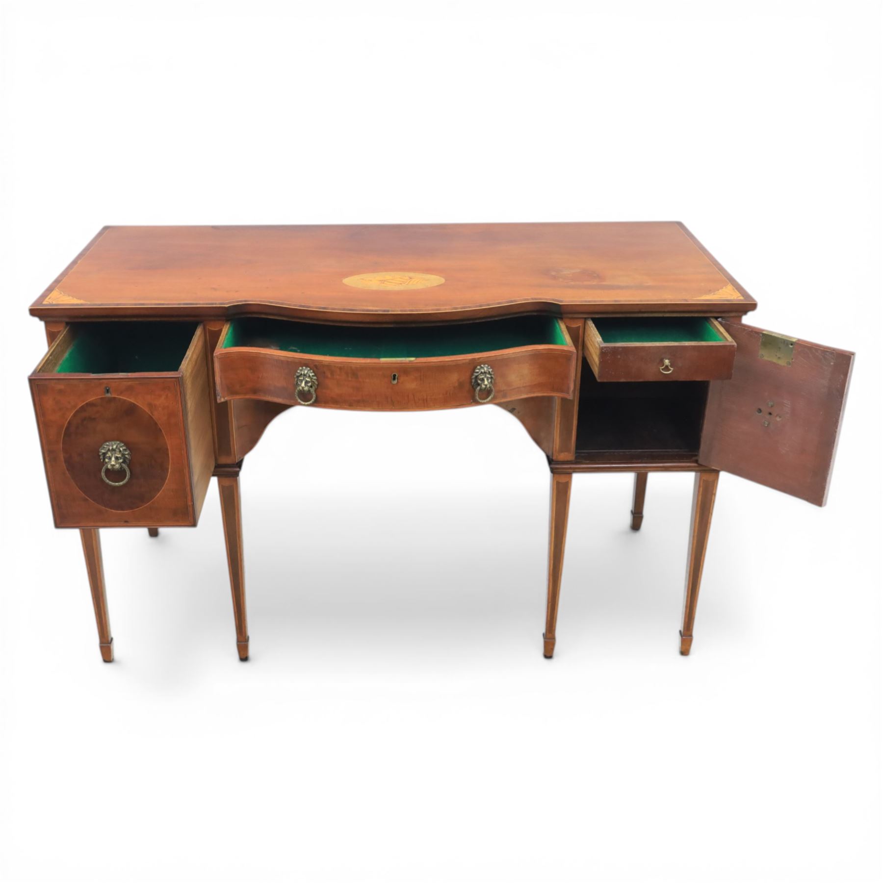 George III Sheraton design serpentine inlaid mahogany and satinwood sideboard