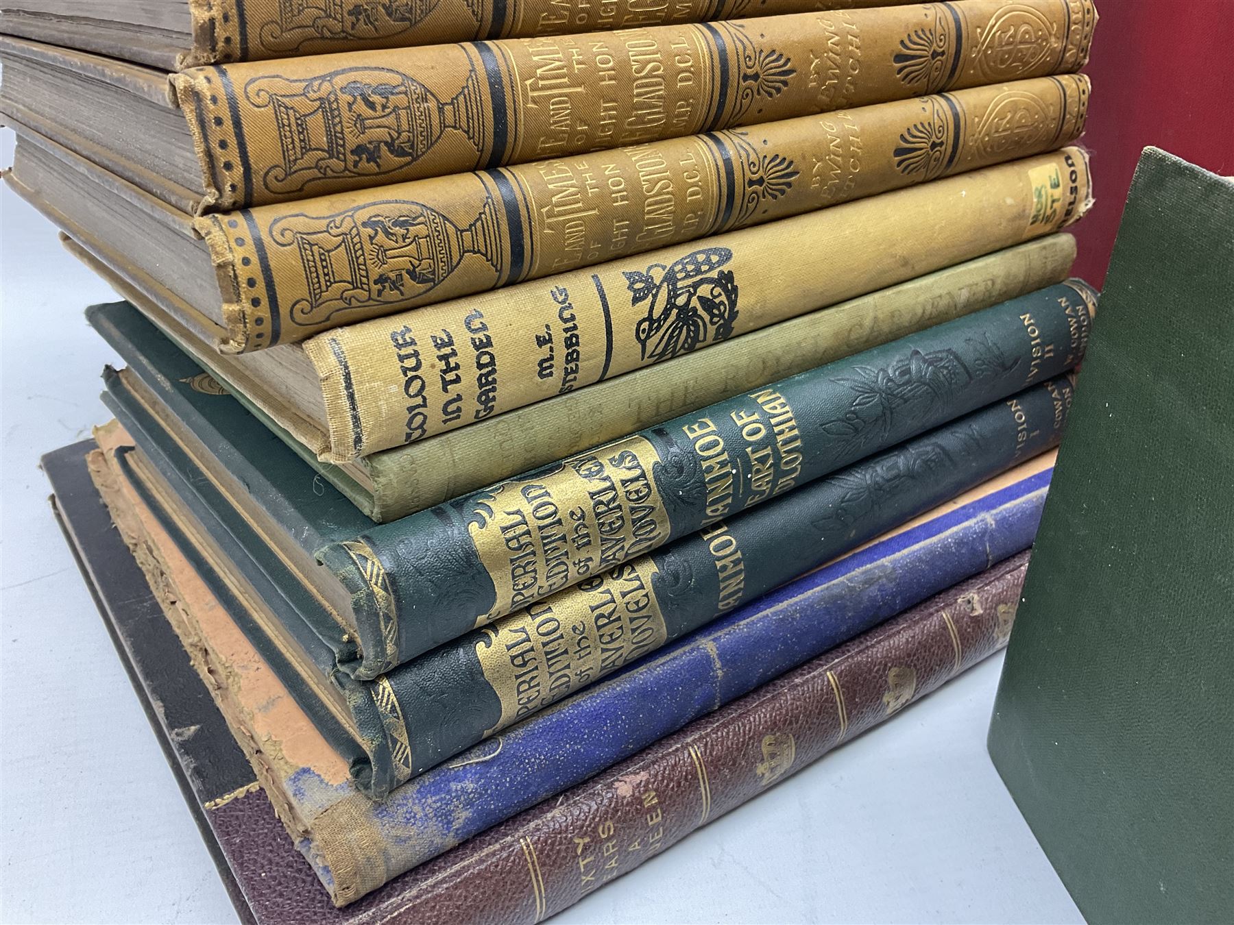 Richie, Ewing J; The Life and Times of W.E Gladstone by J Ewing Ritchie, six volumes, Walter Scott, B; The Imperial edition of the Waverley Novels, two volumes, Stebbing M.E; colour of the Garden and other books, in two boxes