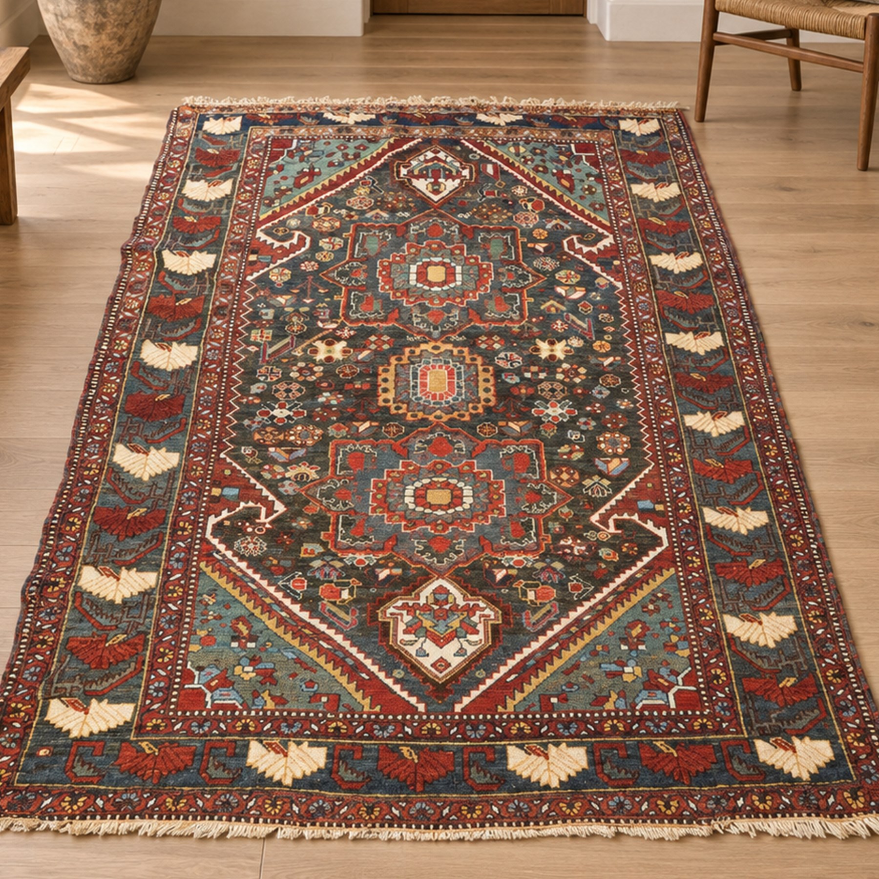 Antique Persian Qashqai dark indigo ground tribal rug, the busy field decorated with a geometric triple pole medallion surrounded by numerous stylised plant motifs with contrasting cyan spandrels, the multiple guard bands woven with stylised palmettes and foliage