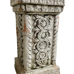 Pair of terracotta pedestals, square form and decorated with stylised leaf motifs and scrolls, stepped plinth bases