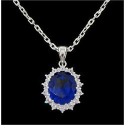 Silver cubic zirconia and blue stone set cluster pendant necklace, stamped 925