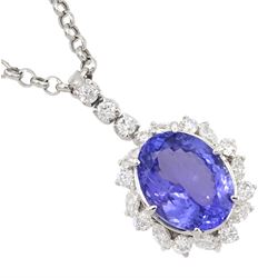 18ct white gold oval tanzanite, round brilliant and marquise cut diamond pendant, stamped 750, on 14ct white gold necklace, stamped 585, tanzanite approx 10.30 carat, total diamond weight approx 1.40 carat