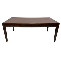 20th century military campaign design oak office or dining table, rectangular top with ebony banding and metal mounted corners, fitted with six drawers with recessed handle plates, on square tapering supports