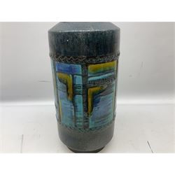 West German vase of cylindrical form with blue, yellow and green geometric decoration
