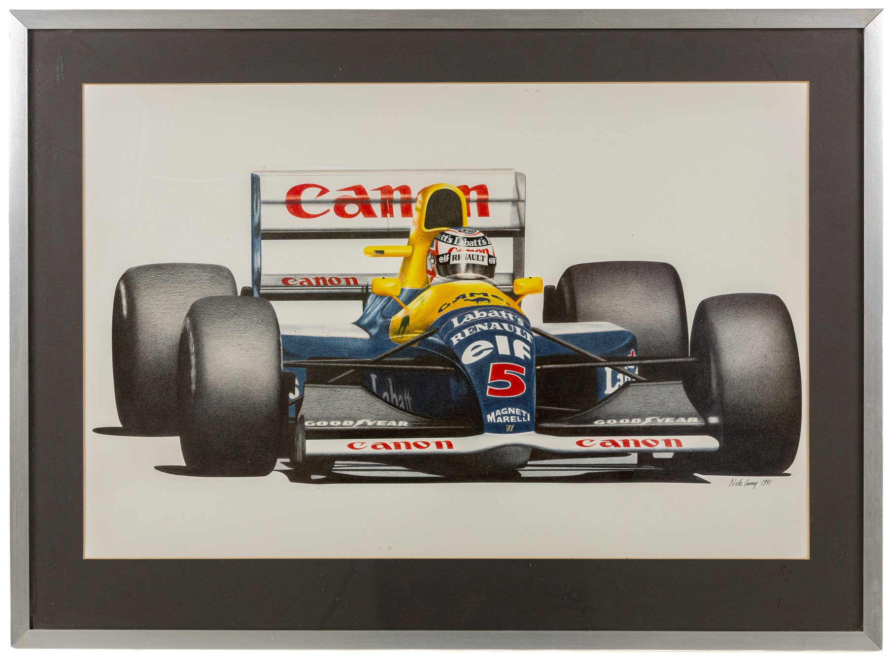 Four Formula 1 racing prints by Nik Curry, including a signed limited edition example, all within silver frames, H38cm, W59cm
