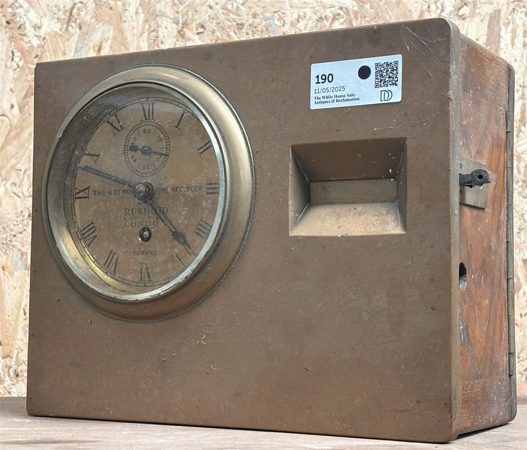 Kosmoid Time recorder, early 20th century, model 'c' table time recorder by Rusmoid Ltd, London, brass dial with subsidiary seconds hand, single fusee movement, in an oak and brass case. W22cm, H13cm, D26cm. - COLLECTION BY APPOINTMENT FROM: The White House, Thirsk Road, Easingwold, York, YO61 3NF - CALL 01723 507111 TO ARRANGE