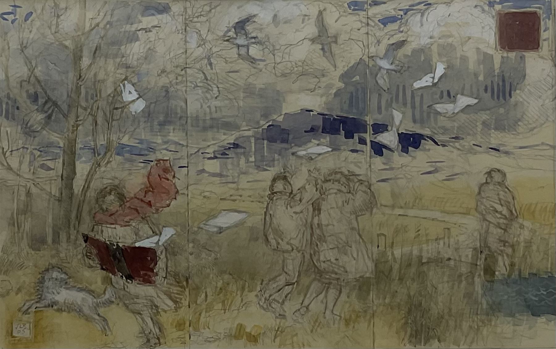 Jacqueline Rizvi NEAC (British 1944-): 'Study for a Three-Fold Screen, Leaves to Birds', watercolour and bodycolour on cream toned paper signed with initials and dated '05, 27cm x 42cm
Provenance: exh. Alpha House Gallery, Sherborne, Dorset; with The New Academy of Arts Gallery, London, labels verso