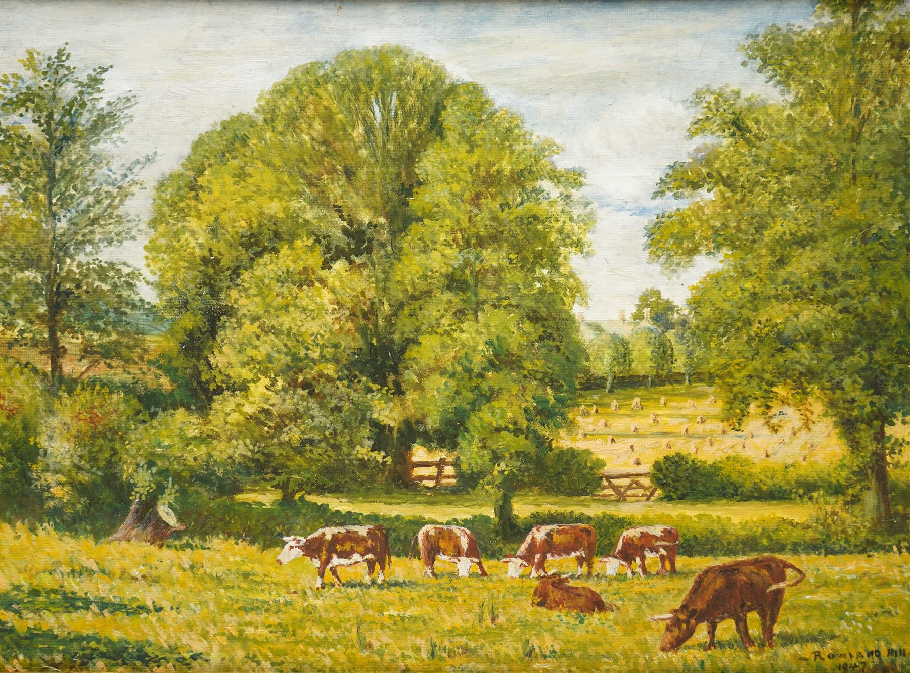 Attrib. Rowland Hill (Northern Irish 1919-1979): Cattle Grazing, oil on canvas laid onto board signed and dated 1947, 25cm x 34cm