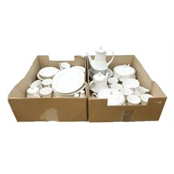 Noritake Regency Gold pattern tea and dinnerwares, to include teapot, coffee pot, milk jug, covered sucrier, tea cups and saucers, two covered tureens, dinner plates, soup bowls etc, in two boxes  