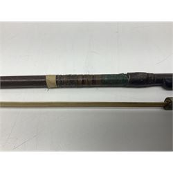 Fruitwood and elm single string phono fiddle with long neck and copper horn L76cm; and a violin bow (2)