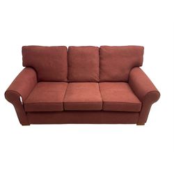 Multiyork - traditional three seat sofa upholstered in claret red fabric (W200cm H80cm); and pair matching armchairs (W103cm) 